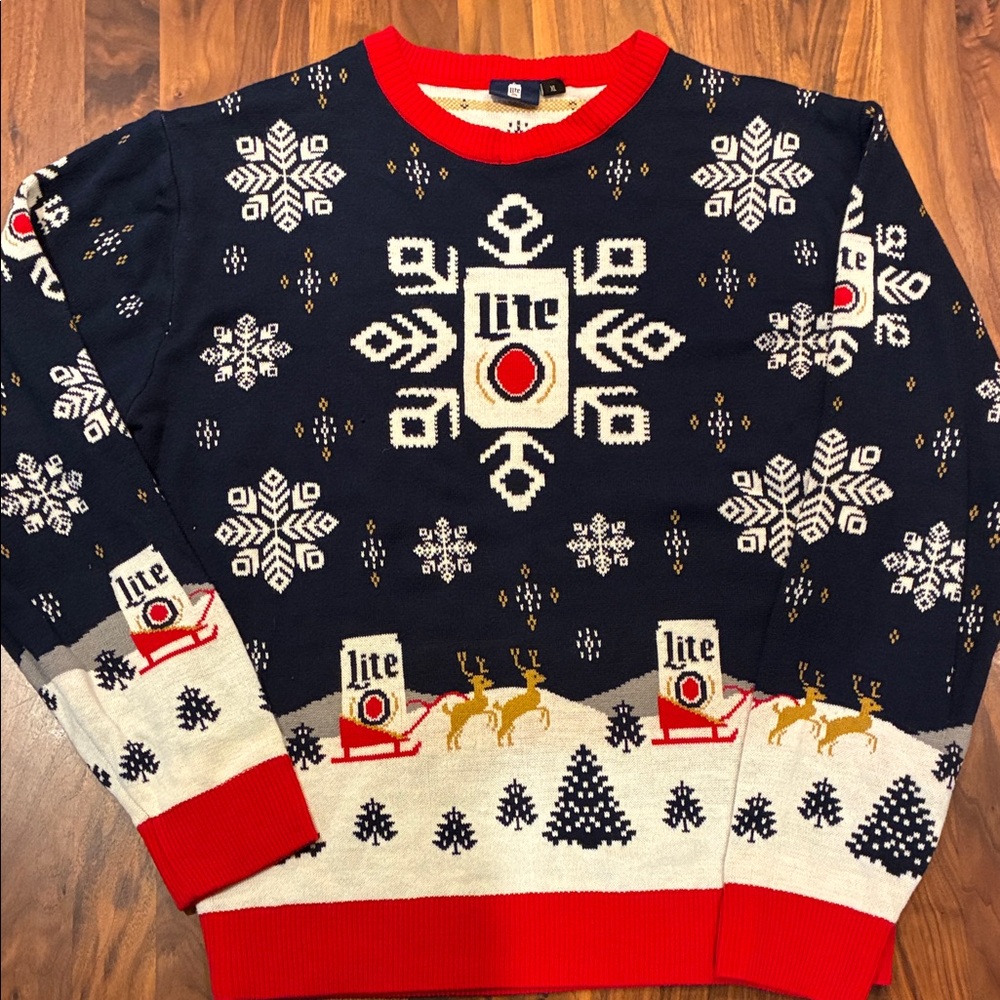 Festive Miller Lite Sweater - Navy and Red